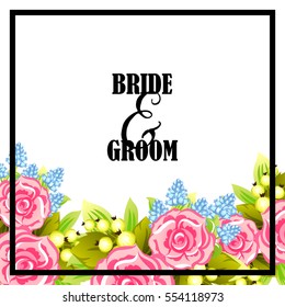Vintage delicate invitation with flowers for wedding, marriage, bridal, birthday, Valentine's day. 