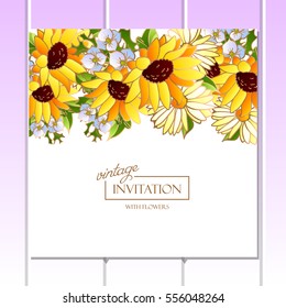 Vintage delicate invitation with flowers for wedding, marriage, bridal, birthday, Valentine's day. Romantic vector illustration.