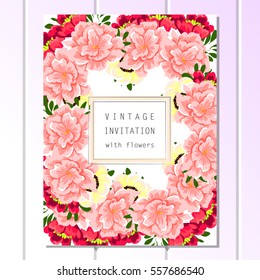 Vintage delicate invitation with flowers for wedding, marriage, bridal, birthday, Valentine's day. Romantic vector illustration.