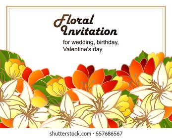Vintage delicate invitation with flowers for wedding, marriage, bridal, birthday, Valentine's day. Romantic vector illustration.