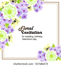 Vintage delicate invitation with flowers for wedding, marriage, bridal, birthday, Valentine's day. Romantic vector illustration.