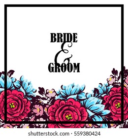 Vintage delicate invitation with flowers for wedding, marriage, bridal, birthday, Valentine's day. Romantic vector illustration.