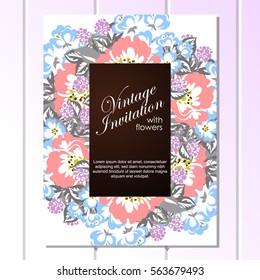 Vintage delicate invitation with flowers for wedding, marriage, bridal, birthday, Valentine's day.