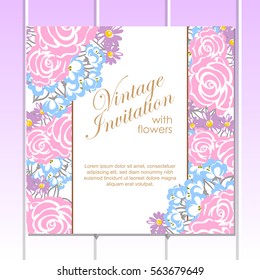 Vintage delicate invitation with flowers for wedding, marriage, bridal, birthday, Valentine's day.