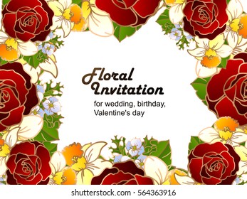 Vintage delicate invitation with flowers for wedding, marriage, bridal, birthday, Valentine's day.
