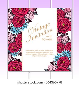 Vintage delicate invitation with flowers for wedding, marriage, bridal, birthday, Valentine's day.