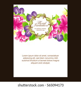 Vintage delicate invitation with flowers for wedding, marriage, bridal, birthday, Valentine's day.