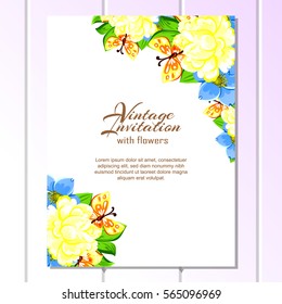 Vintage delicate invitation with flowers for wedding, marriage, bridal, birthday, Valentine's day.