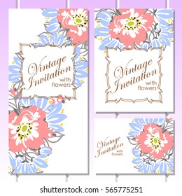 Vintage delicate invitation with flowers for wedding, marriage, bridal, birthday, Valentine's day.