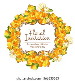 Vintage delicate invitation with flowers for wedding, marriage, bridal, birthday, Valentine's day.