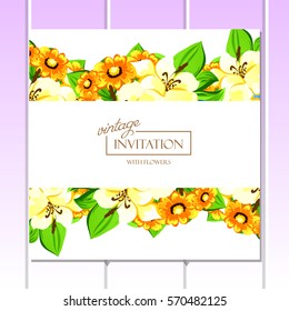 Vintage delicate invitation with flowers for wedding, marriage, bridal, birthday, Valentine's day.
