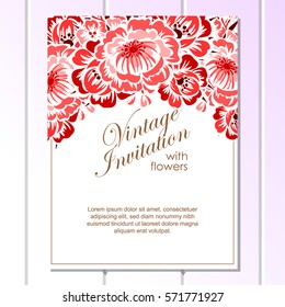 Vintage delicate invitation with flowers for wedding, marriage, bridal, birthday, Valentine's day.