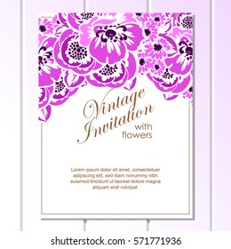 Vintage delicate invitation with flowers for wedding, marriage, bridal, birthday, Valentine's day.