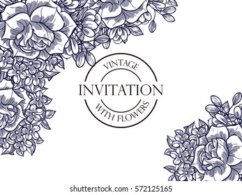 Vintage delicate invitation with flowers for wedding, marriage, bridal, birthday, Valentine's day.