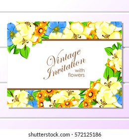 Vintage delicate invitation with flowers for wedding, marriage, bridal, birthday, Valentine's day.