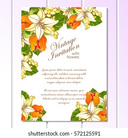 Vintage delicate invitation with flowers for wedding, marriage, bridal, birthday, Valentine's day.