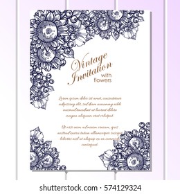 Vintage delicate invitation with flowers for wedding, marriage, bridal, birthday, Valentine's day.