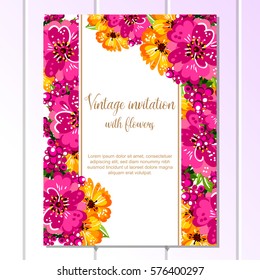 Vintage delicate invitation with flowers for wedding, marriage, bridal, birthday, Valentine's day.