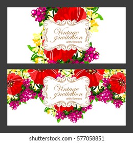 Vintage delicate invitation with flowers for wedding, marriage, bridal, birthday, Valentine's day. 