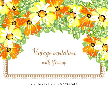Vintage delicate invitation with flowers for wedding, marriage, bridal, birthday, Valentine's day. 