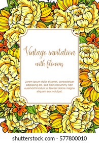 Vintage delicate invitation with flowers for wedding, marriage, bridal, birthday, Valentine's day. Romantic vector illustration.