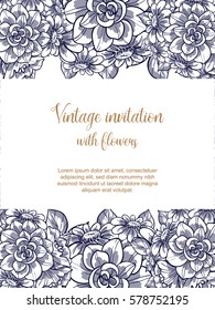 Vintage delicate invitation with flowers for wedding, marriage, bridal, birthday, Valentine's day. Romantic vector illustration.