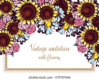Vintage delicate invitation with flowers for wedding, marriage, bridal, birthday, Valentine's day.