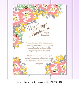 Vintage delicate invitation with flowers for wedding, marriage, bridal, birthday, Valentine's day.