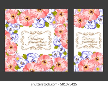 Vintage delicate invitation with flowers for wedding, marriage, bridal, birthday, Valentine's day. 