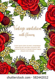 Vintage delicate invitation with flowers for wedding, marriage, bridal, birthday, Valentine's day.
