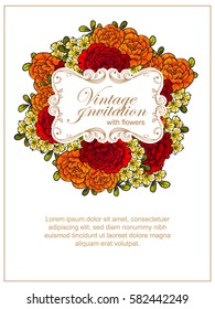 Vintage delicate invitation with flowers for wedding, marriage, bridal, birthday, Valentine's day.