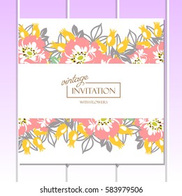 Vintage delicate invitation with flowers for wedding, marriage, bridal, birthday, Valentine's day.