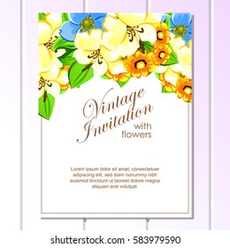 Vintage delicate invitation with flowers for wedding, marriage, bridal, birthday, Valentine's day.