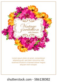 Vintage delicate invitation with flowers for wedding, marriage, bridal, birthday, Valentine's day.