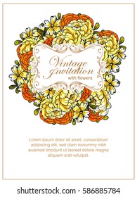Vintage delicate invitation with flowers for wedding, marriage, bridal, birthday, Valentine's day.