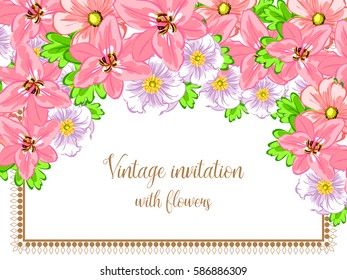 Vintage delicate invitation with flowers for wedding, marriage, bridal, birthday, Valentine's day.