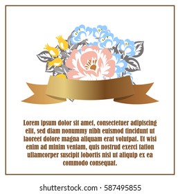 Vintage delicate invitation with flowers for wedding, marriage, bridal, birthday, Valentine's day.
