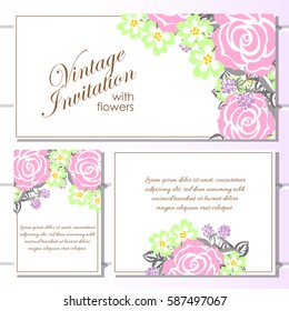 Vintage delicate invitation with flowers for wedding, marriage, bridal, birthday, Valentine's day.
