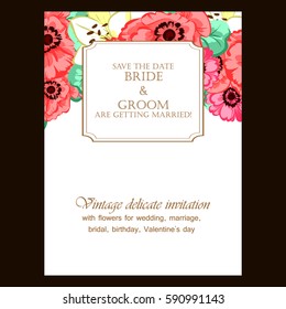 Vintage delicate invitation with flowers for wedding, marriage, bridal, birthday, Valentine's day.