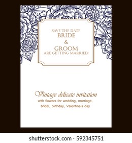 Vintage delicate invitation with flowers for wedding, marriage, bridal, birthday, Valentine's day. 