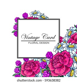 Vintage delicate invitation with flowers for wedding, marriage, bridal, birthday, Valentine's day.