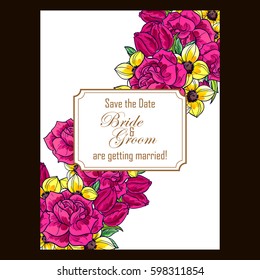 Vintage delicate invitation with flowers for wedding, marriage, bridal, birthday, Valentine's day.
