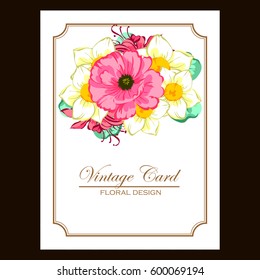 Vintage delicate invitation with flowers for wedding, marriage, bridal, birthday, Valentine's day.