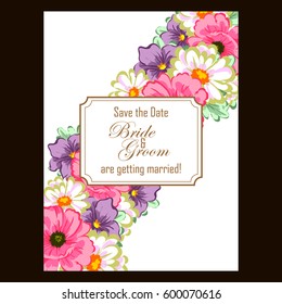 Vintage delicate invitation with flowers for wedding, marriage, bridal, birthday, Valentine's day.