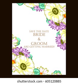 Vintage delicate invitation with flowers for wedding, marriage, bridal, birthday, Valentine's day.