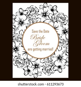 Vintage delicate invitation with flowers for wedding, marriage, bridal, birthday, Valentine's day.
