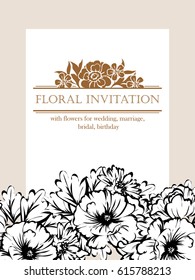 Vintage delicate invitation with flowers for wedding, marriage, bridal, birthday, Valentine's day.