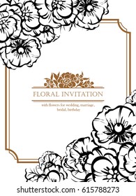 Vintage delicate invitation with flowers for wedding, marriage, bridal, birthday, Valentine's day.