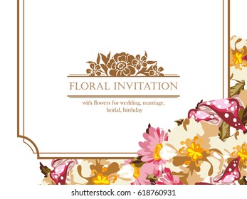 Vintage delicate invitation with flowers for wedding, marriage, bridal, birthday, Valentine's day.