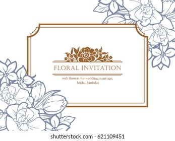 Vintage delicate invitation with flowers for wedding, marriage, bridal, birthday, Valentine's day.
